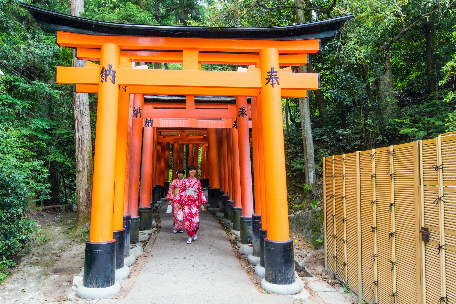 Pielgrzymki w Japonii dwie kobiety w kimonach pod bramami Fushimi Inari